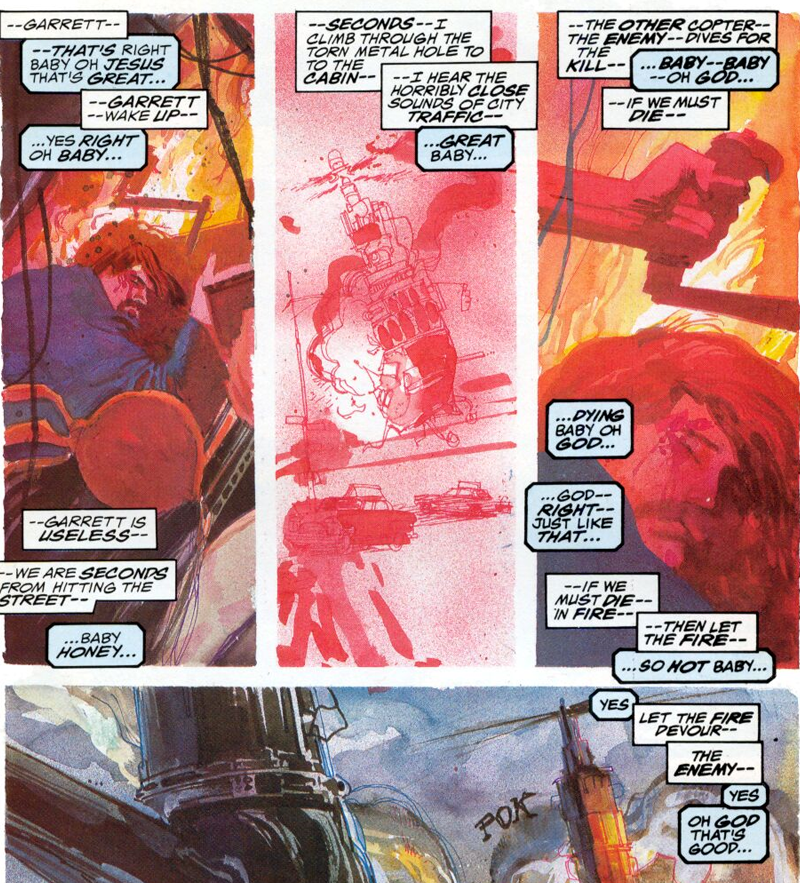 For reference, narration associated with Elektra is in the white boxes, Garrett in the blue.